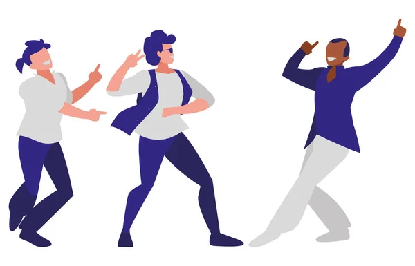 Bailarines interracial grupo disco estilo personajes — Vector de stock