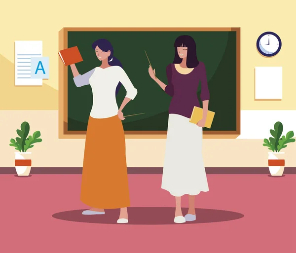 Vrouwelijke leraren paar met in de klas — Stockvector