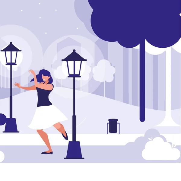 Young woman dancing in the park character — Stock Vector