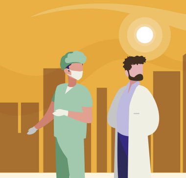 gün batımında Cityscape profesyonel işçiler çift