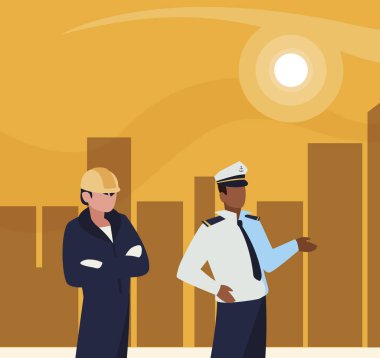 gün batımında Cityscape profesyonel işçiler çift