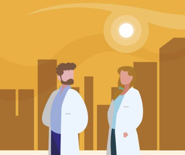 gün batımında Cityscape profesyonel işçiler çift