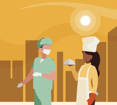 gün batımında Cityscape profesyonel işçiler çift