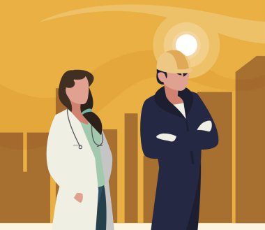 gün batımında Cityscape profesyonel işçiler çift