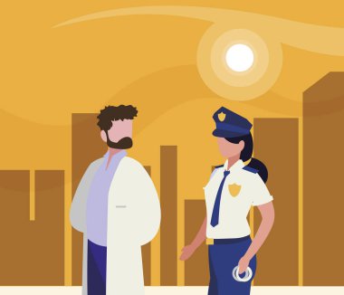 gün batımında Cityscape profesyonel işçiler çift