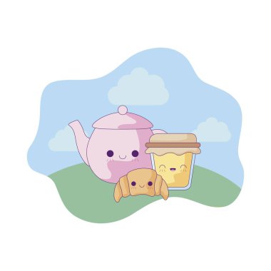 manzara kawaii tarzında set gıda ile çaydanlık