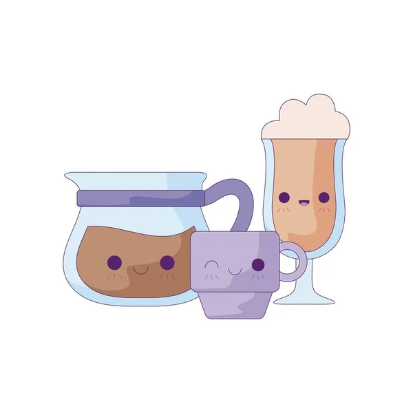 Cute teapot with set drinks kawaii style — Stock Vector
