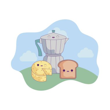 manzara kawaii tarzında peynir ve ekmek ile çaydanlık