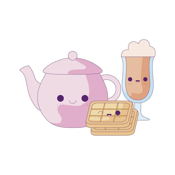 Leuke theepot met set voedsel kawaii stijl — Stockvector