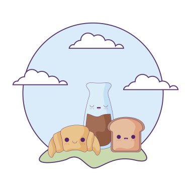 manzara kawaii tarzında set gıda ile kruvasan ekmek