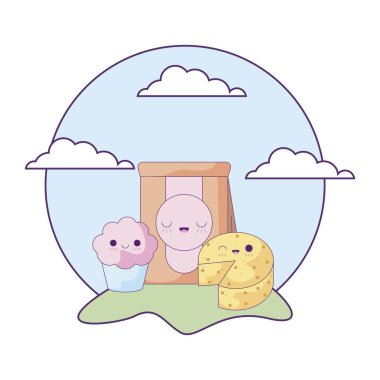 peyzaj kawaii tarzında set gıda ile çanta kağıt