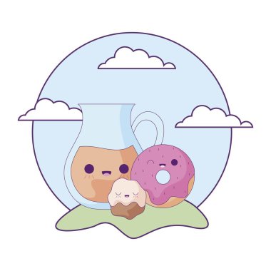 manzara kawaii tarzında set gıda ile sevimli çaydanlık