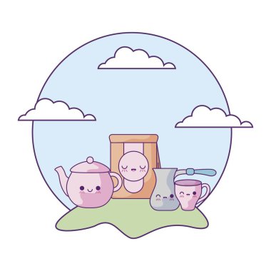 peyzaj kawaii tarzında set nesneleri mutfak ile kağıt torba