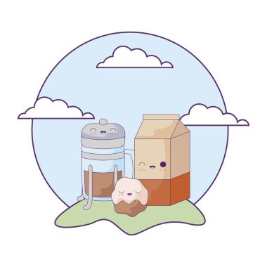 peyzaj kawaii tarzında set gıda ile kutusunda süt