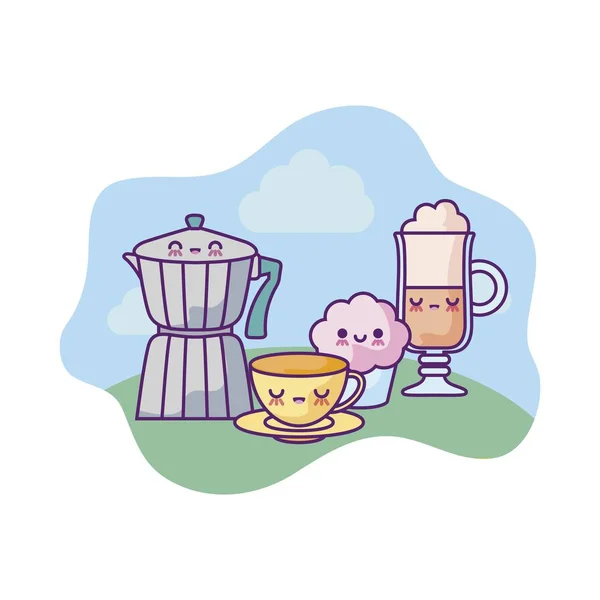 可爱的茶壶与设置食品卡瓦伊风格 — 图库矢量图片