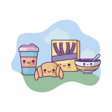manzara kawaii tarzında set gıda ile içecek