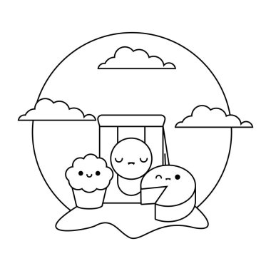 peyzaj kawaii tarzında set gıda ile çanta kağıt