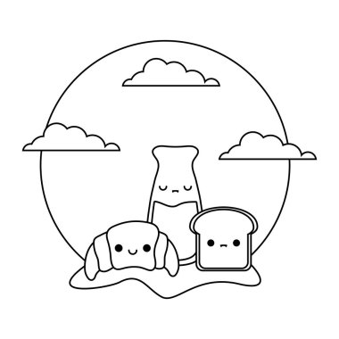 manzara kawaii tarzında set gıda ile kruvasan ekmek