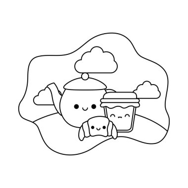 manzara kawaii tarzında set gıda ile çaydanlık