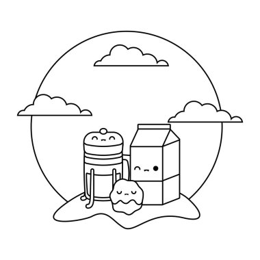 peyzaj kawaii tarzında set gıda ile kutusunda süt