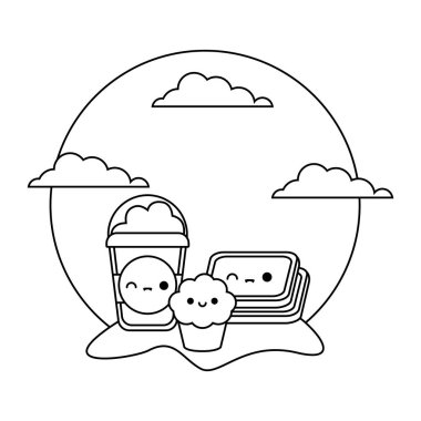 peyzaj kawaii tarzında set gıda ile milkshake