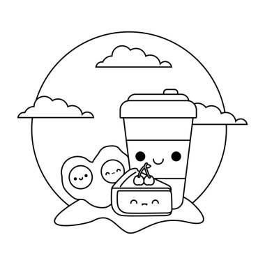 manzara kawaii tarzında set gıda ile şişe içeceği