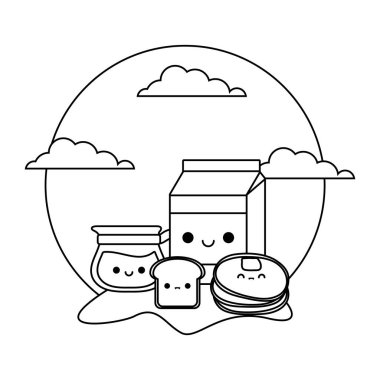 peyzaj kawaii tarzında set gıda ile kutusunda süt