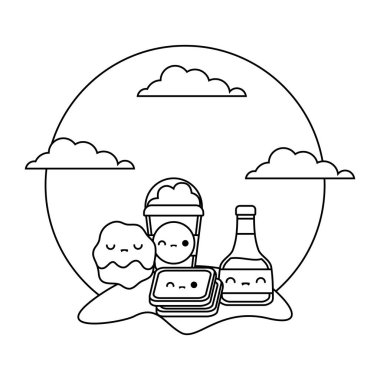 manzara kawaii tarzında set gıda ile bal şişesi