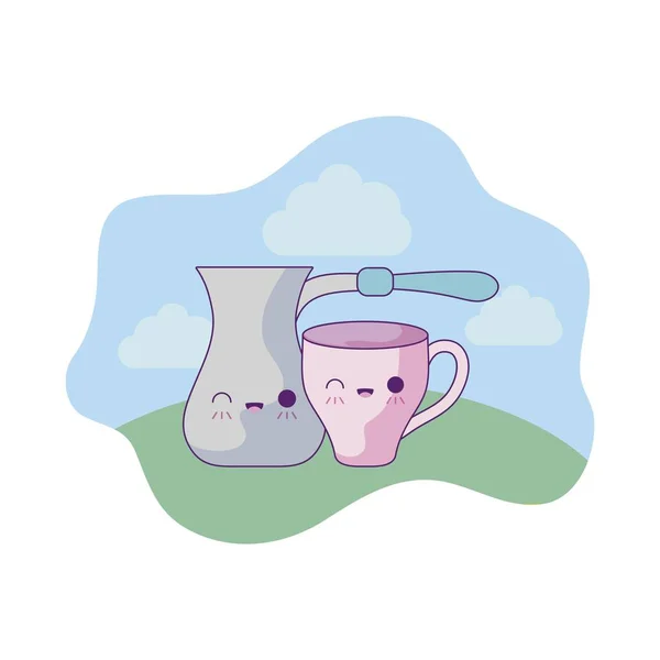 Linda tetera con taza en estilo kawaii paisaje — Archivo Imágenes Vectoriales