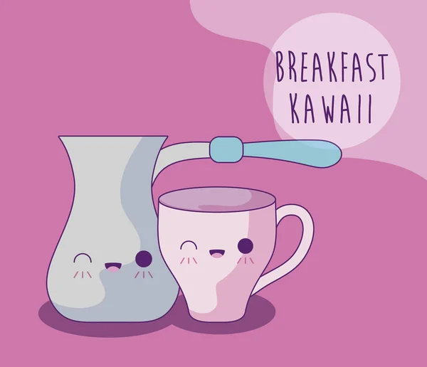Bollitore con tazza per la prima colazione in stile kawaii — Vettoriale Stock