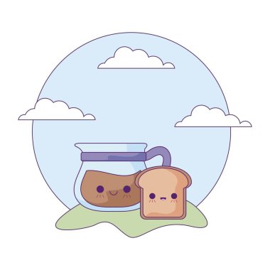 peyzaj kawaii tarzında içki kahve ile ekmek dilimi ve çaydanlık