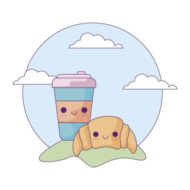 manzara kawaii tarzında kahve kabı ile kruvasan ekmek