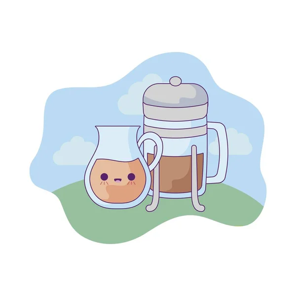 Teekanne und Flasche mit Kaffee im Kawaii-Stil — Stockvektor