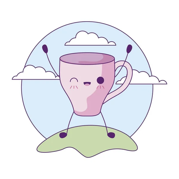 Bonito xícara de cerâmica em estilo kawaii paisagem — Vetor de Stock