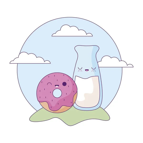 Heerlijke donut met fles melk in landschap kawaii stijl — Stockvector