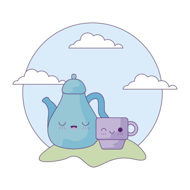 manzara kawaii tarzı nda fincan ile sevimli çaydanlık