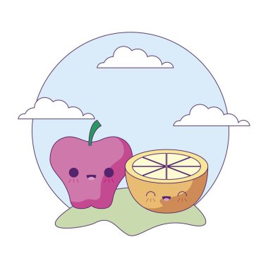 manzara kawaii tarzıportakal meyve dilim ile elma