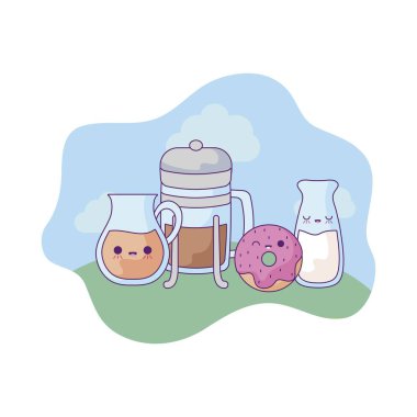 manzara kawaii tarzında set gıda ile donut