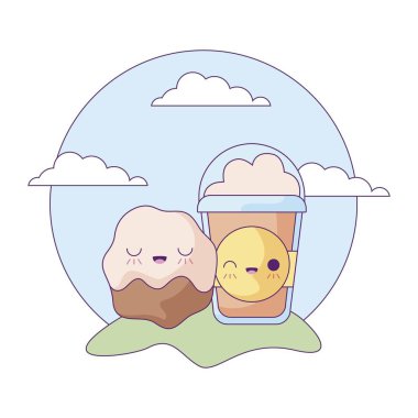 manzara kawaii tarzında kahve milkshake ile lezzetli cupcake