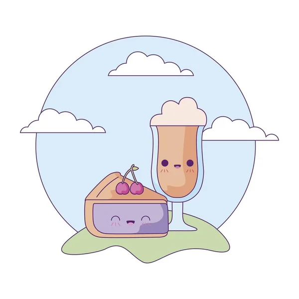 Slice taart met koffie drinken in landschap kawaii stijl — Stockvector