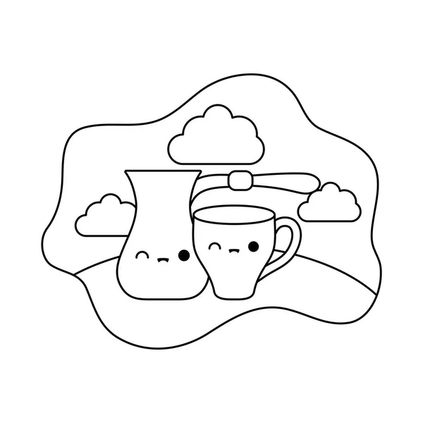 Милый чайник с чашкой кавайи стиле — стоковый вектор
