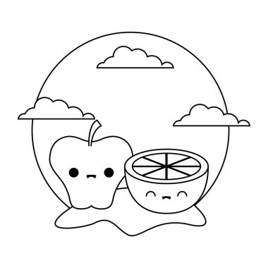 portakal meyve kawaii tarzı dilim ile elma