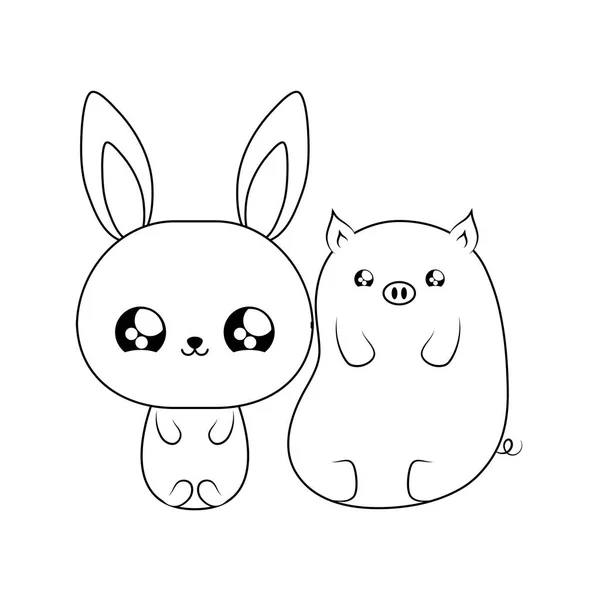 Tavşan bebek hayvanlar kawaii tarzı ile sevimli piggy — Stok Vektör