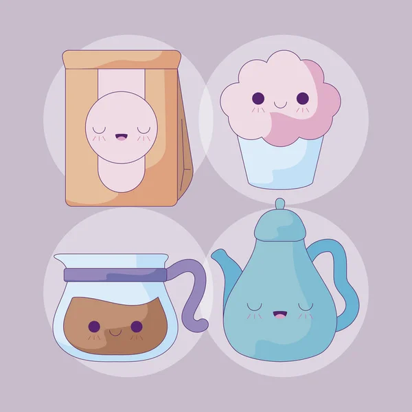 Set theepotten met zak papier en cupcake kawaii — Stockvector