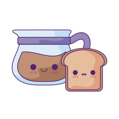 ekmek dilimi ve içecek kahve kawaii tarzı ile çaydanlık