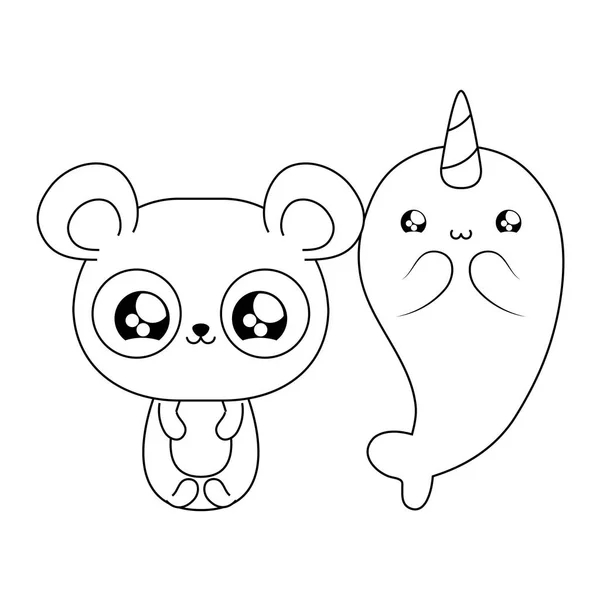 Lindo narval con panda oso bebé animales kawaii estilo — Archivo Imágenes Vectoriales