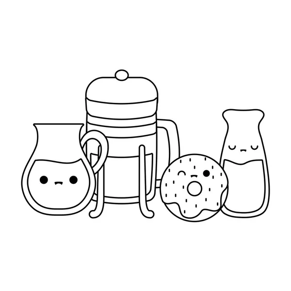 Dona con set de comida estilo kawaii — Archivo Imágenes Vectoriales