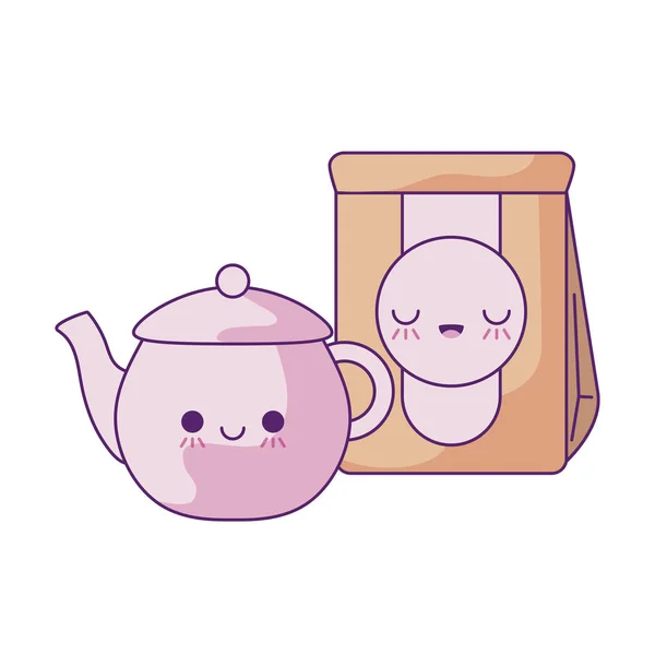可爱的茶壶与袋纸卡瓦伊风格 — 图库矢量图片