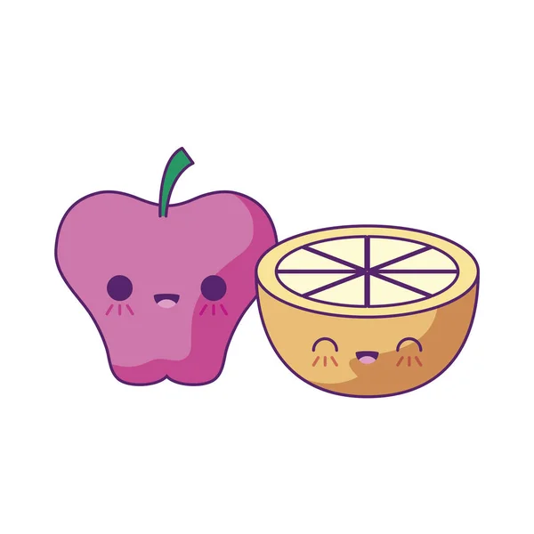 Appel met een stukje oranje fruit kawaii stijl — Stockvector