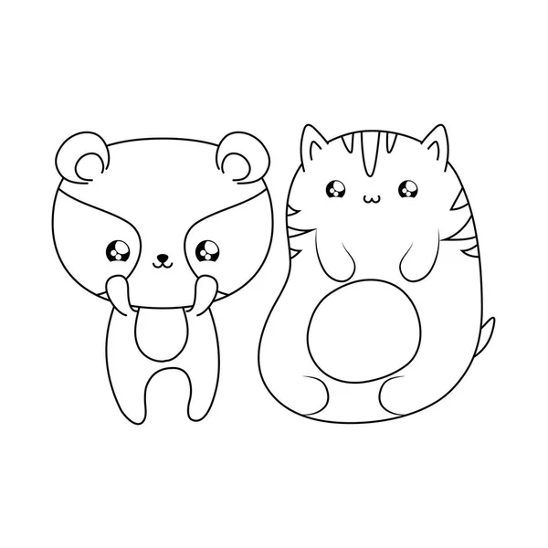 Niedliche Katze mit Waschbärbabys kawaii Stil — Stockvektor